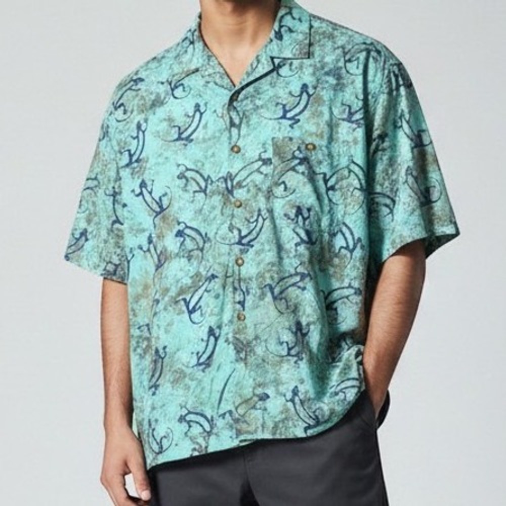 Orvis Gecko Lizard Tie Dye Shirt Mens XXL Turquoise Blue Cotton Camp Aloha Top